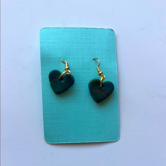 NWOT Green and gold multi colored Handmade Clay Heart-Shaped Drop Earrings - Picture 1 of 6